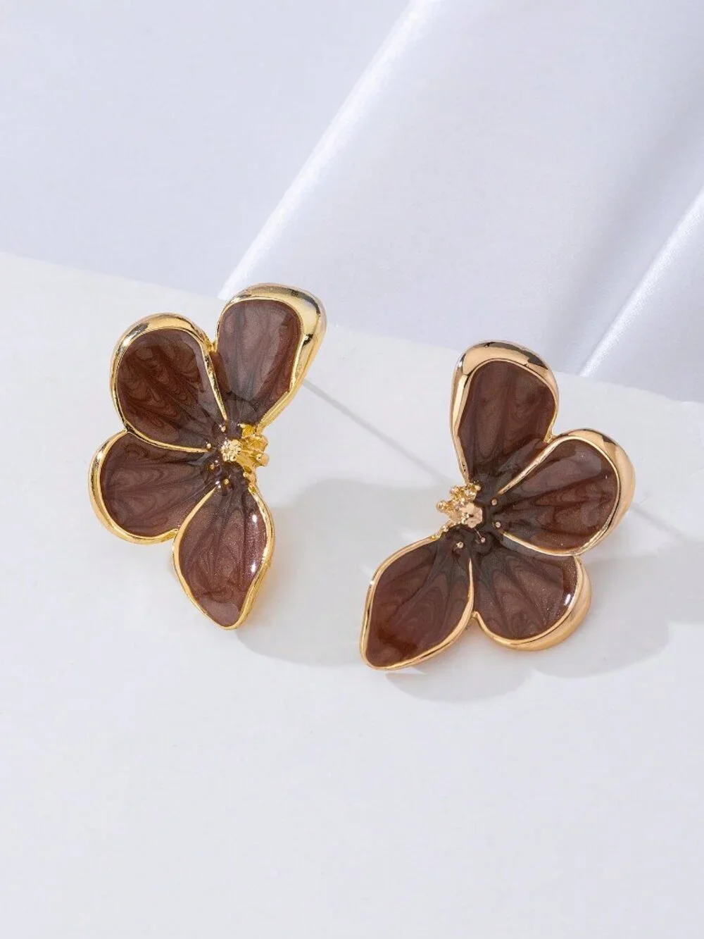 brown Women's Handpainted Enamel Golden floral Earrings